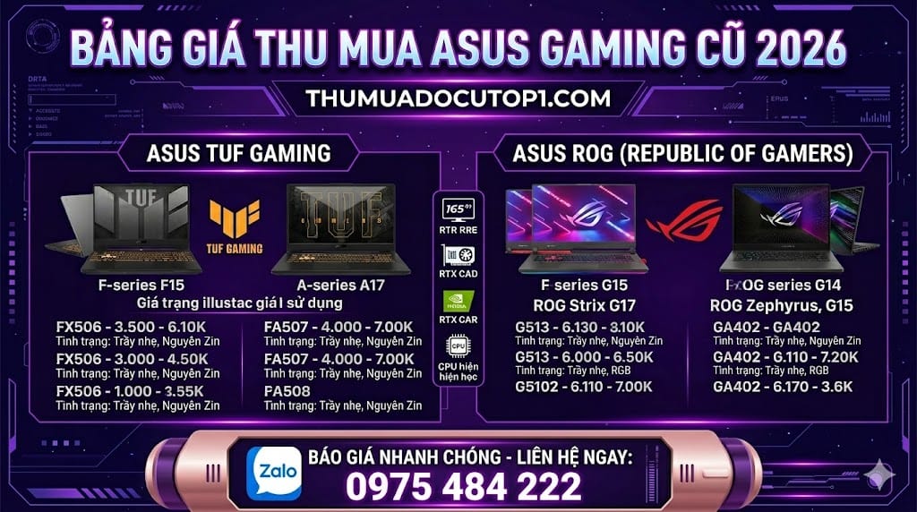 Giá Thu Mua Laptop Asus Gaming (Tuf &Amp; Rog) Giá Thu Mua Laptop Asus Gaming (Tuf &Amp; Rog) Mới Nhất 2026