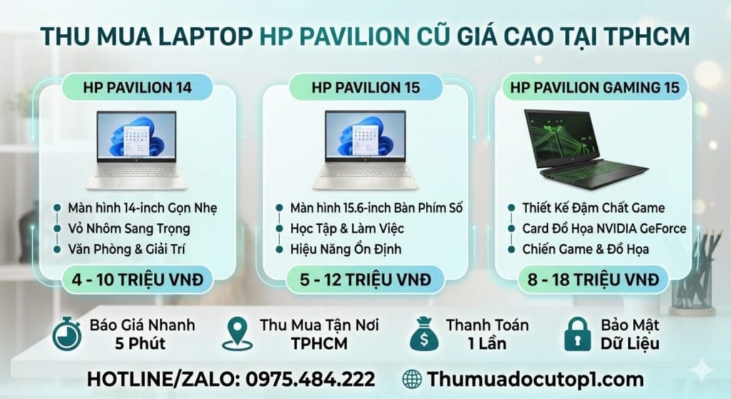 Hình Ảnh Quảng Cáo Dịch Vụ Thu Mua Laptop Hp Pavilion Cũ Tại Tp.hcm. Nhận Thu Mua Các Dòng Hp Pavilion 14, Pavilion 15, Pavilion Gaming Rtx Và Pavilion X360 Với Mức Giá Cạnh Tranh. Thu Mua Laptop Hp Pavilion Cũ Giá Cao Tại Tp.hcm Các Dòng Pavilion Gaming Và Pavilion X360