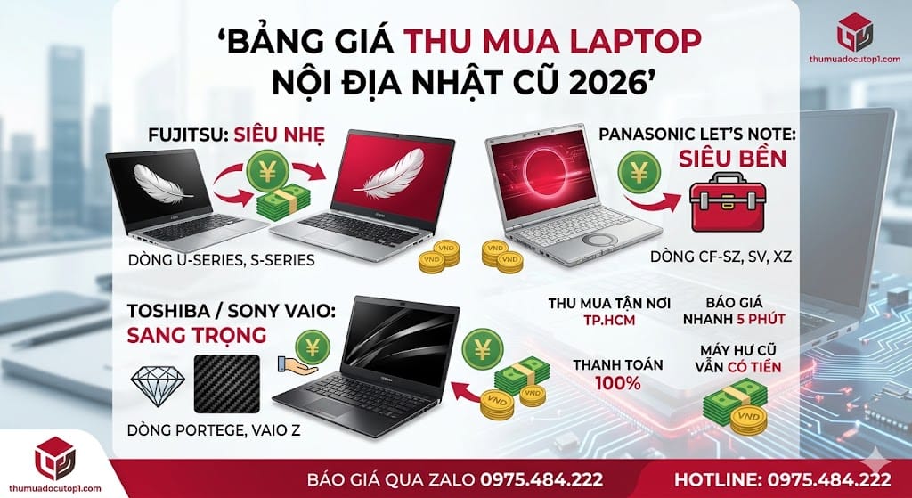 Bảng Giá Thu Mua Laptop Nội Địa Nhật Cũ 2026: Chuyên Fujitsu, Panasonic Let'S Note, Toshiba, Sony Vaio Giá Cao Tại Tp.hcm.