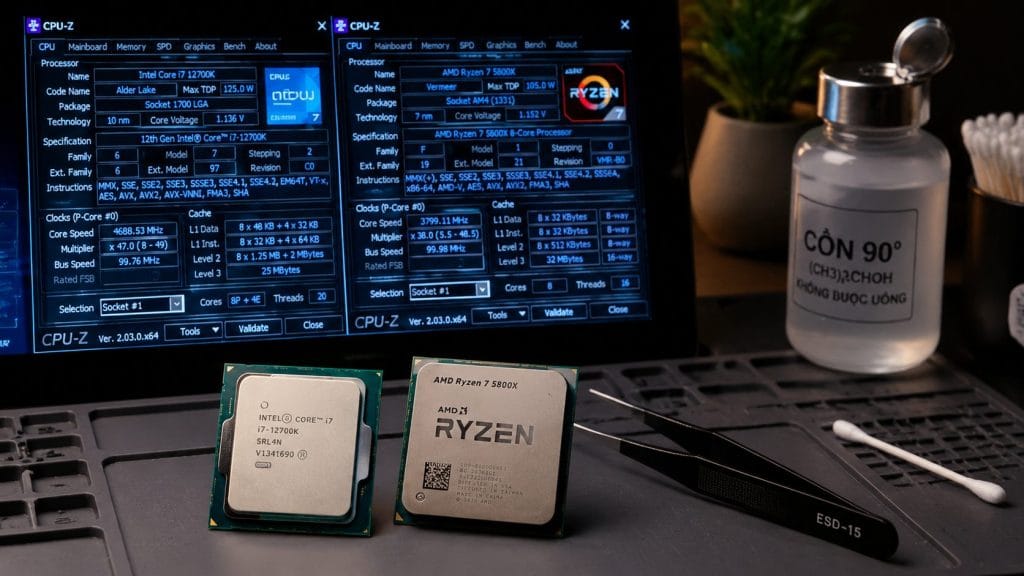 Góc Làm Việc Công Nghệ Sang Trọng Với Cpu Intel Lga 1700 Và Cpu Amd Am4/Am5, Màn Hình Cpu-Z Sáng Đèn, Dụng Cụ Vệ Sinh Cpu Chuyên Nghiệp