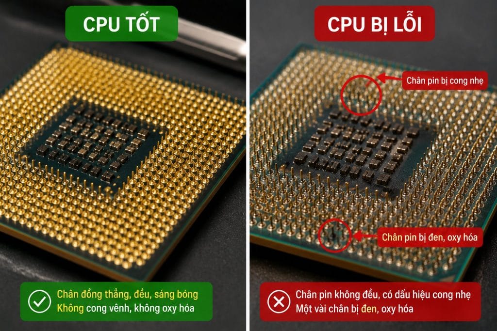 Ảnh Split Image Cpu Cũ: Bên Trái Cpu Amd Chân Vàng Đều, Bên Phải Cpu Bị Lỗi Nhẹ Với Một Vài Chân Bị Cong Và Oxy Hóa, Minh Họa Kiểm Tra Ngoại Quan