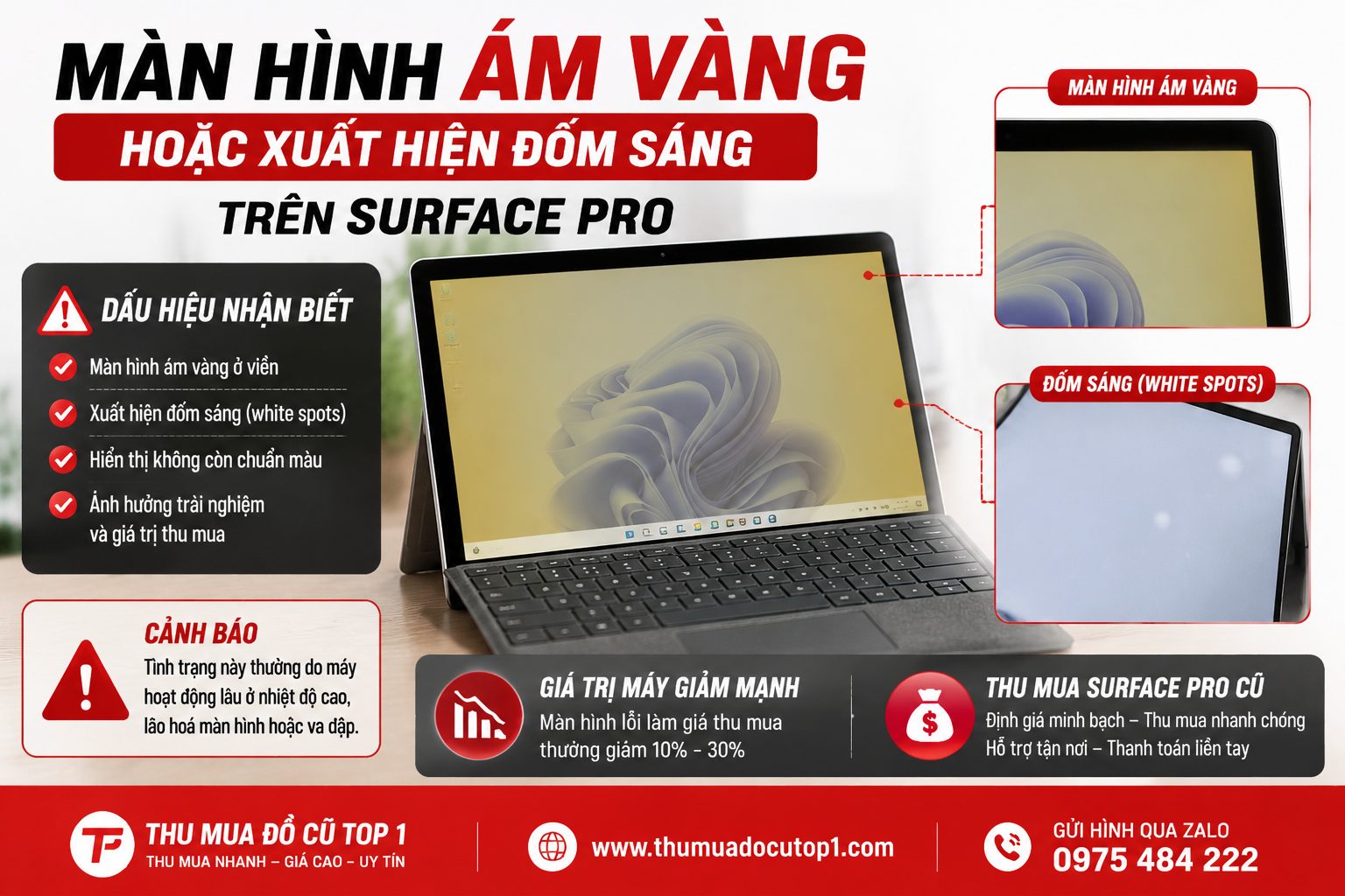 Hình Ảnh Minh Họa Lỗi Màn Hình Surface Pro Cũ Ám Vàng Và Xuất Hiện Đốm Sáng (White Spots), Nguyên Nhân Chính Khiến Giá Thu Mua Surface Giảm Và Trải Nghiệm Sử Dụng Kém. Màn Hình Surface Pro Cũ Ám Vàng Hoặc Xuất Hiện Đốm Sáng Làm Giảm Giá Thu Mua