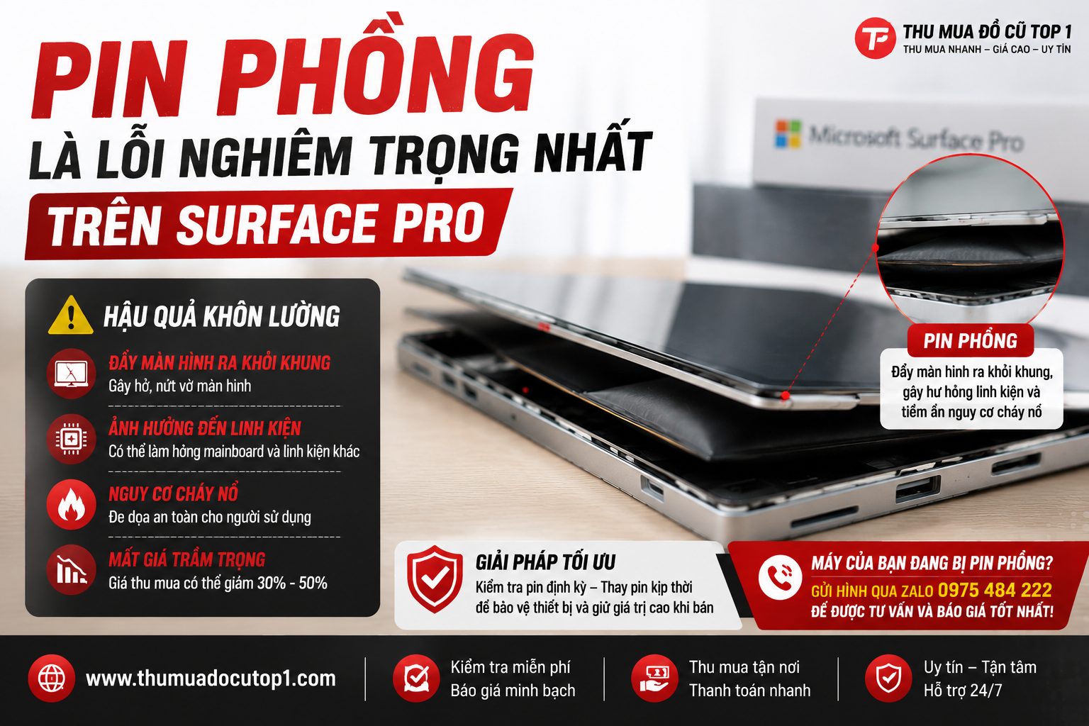 Pin Phồng Là Lỗi Phổ Biến Và Nghiêm Trọng Trên Surface Pro Cũ, Có Thể Đẩy Màn Hình Ra Khỏi Khung, Gây Hư Hỏng Linh Kiện Và Làm Giảm Đáng Kể Giá Trị Thu Mua. Pin Phồng Là Lỗi Nghiêm Trọng Nhất Trên Surface Pro Cũ Khiến Giá Thu Mua Giảm Mạnh