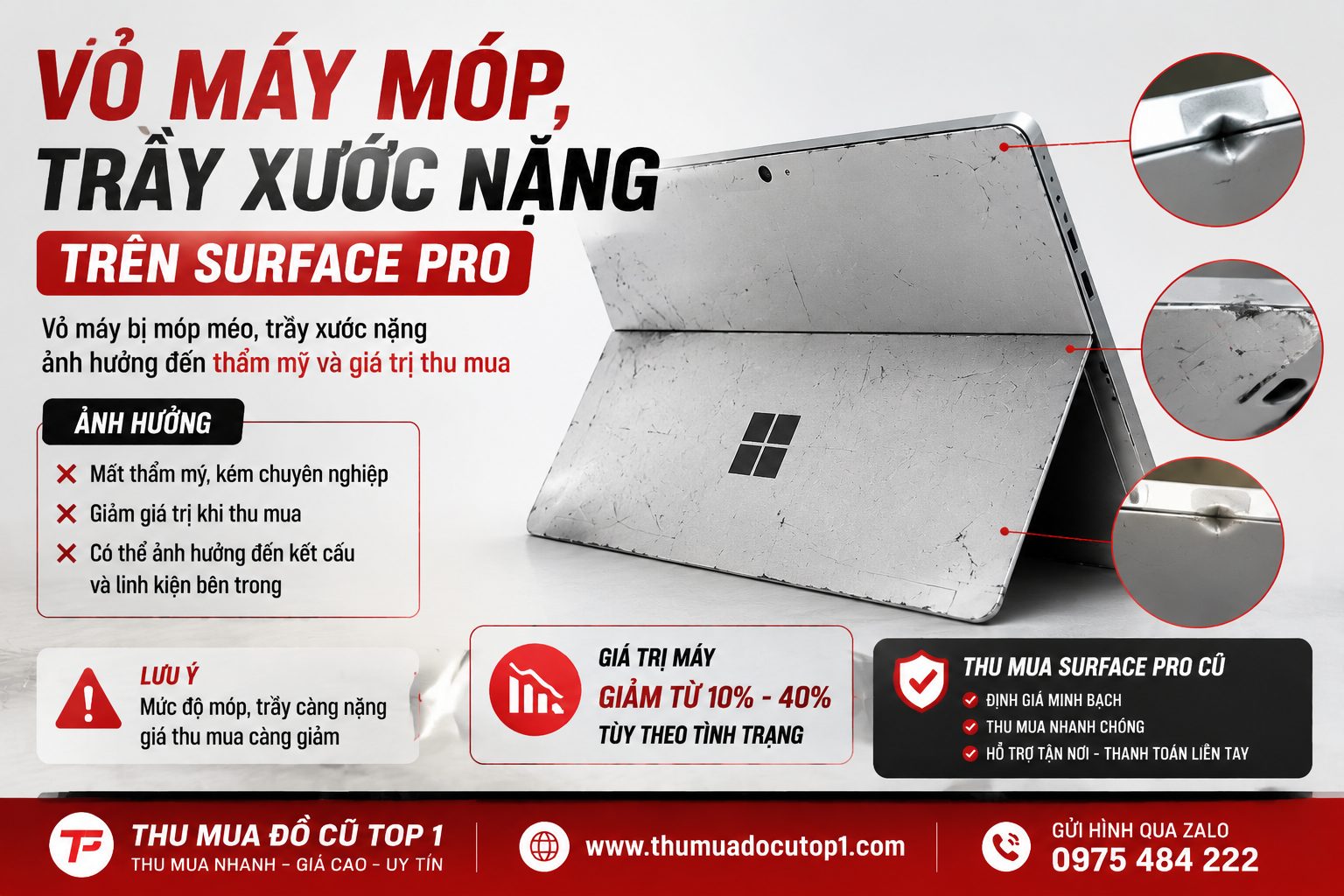 Hình Ảnh Minh Họa Vỏ Surface Pro Cũ Bị Móp Và Trầy Xước Nặng. Đây Là Lỗi Thường Gặp Làm Giảm Giá Trị Thu Mua Surface Và Ảnh Hưởng Đến Thẩm Mỹ, Có Thể Tác Động Đến Linh Kiện Bên Trong. Vỏ Surface Pro Cũ Móp, Trầy Xước Nặng Làm Giảm Giá Thu Mua